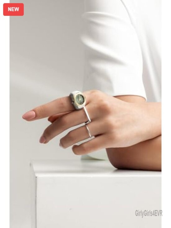 Silver Adjustable Ring Watch with Faceted Gold Bezel, Quartz Analog Mini Dial,